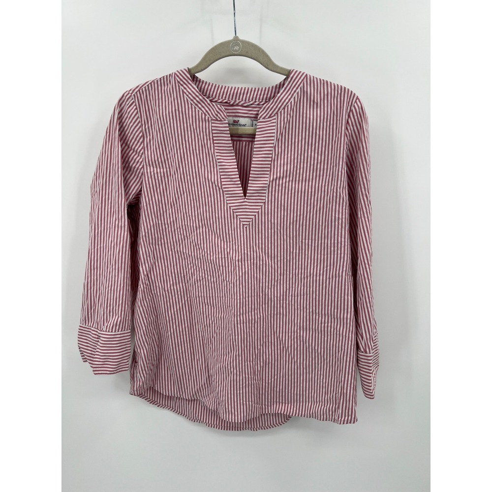 Vineyard Vines Pink White Striped Savannah Popover Split Neck Blouse Top Medium